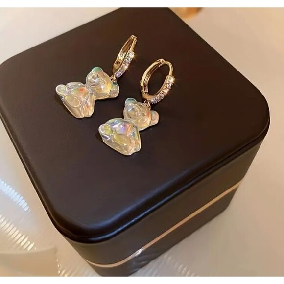 Gold Crystal Iridescent Gummy Bear Lever Back Earrings - Picture 2 of 7